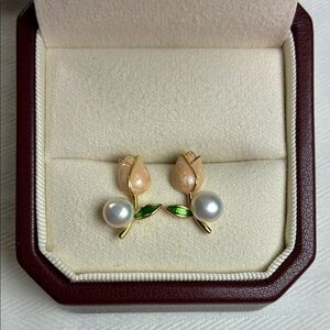 Tulip Pearl Stud Earrings | Sterling Silver Posts | Christmas Gift for Her